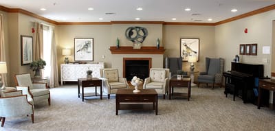 Bright common area with seating and decor