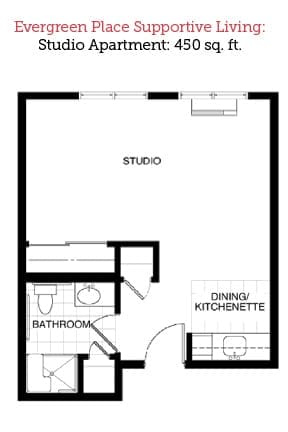 Floor plan of a studio apartment at Evergreen Place