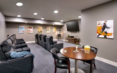 Cozy movie room with comfortable seating and vintage posters