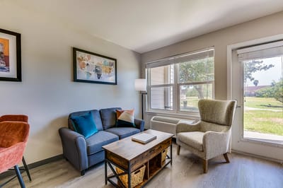 Bright and inviting interior living space with seating