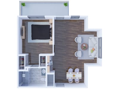 Stylized floor plan of a one-bedroom unit