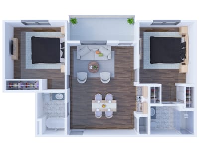 Floor plan of a shared living space with two bedrooms and a dining area
