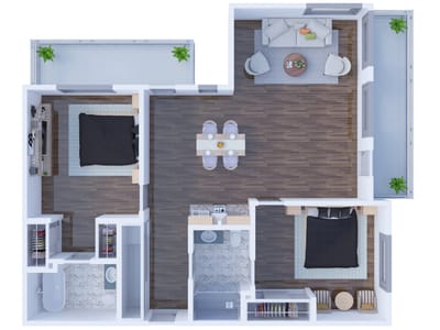 Aerial view of a two-bedroom apartment layout
