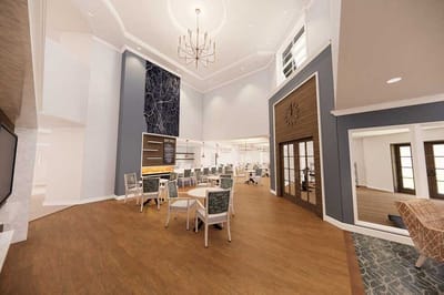 Bright interior of a dining area with tables and chairs