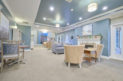 Common area with seating and festive decorations