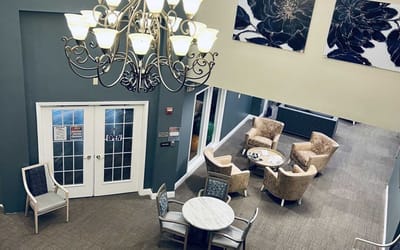 Bright interior view of a common area with seating