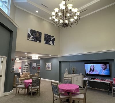 Bright lounge area with tables and chairs
