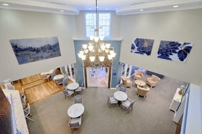 Aerial view of a common area with seating and decor