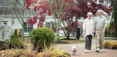 Residents walking in the garden with a small dog