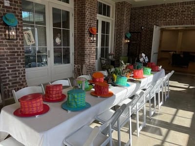 Decorated table for a celebration with colorful hats