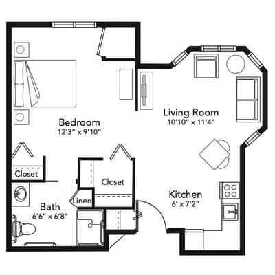 Architectural floor plan of a one-bedroom apartment