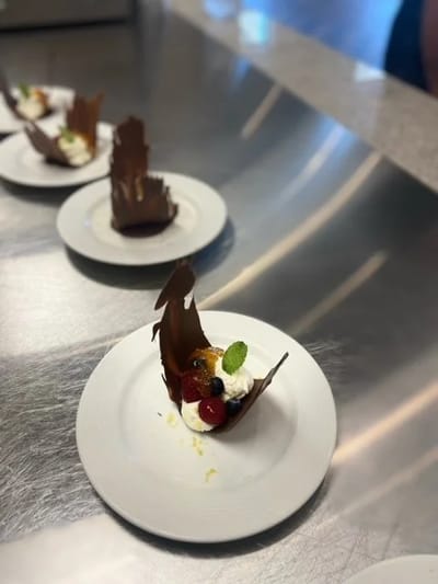 Gourmet dessert presentation on a dining table