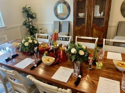 Dining table set for a festive meal with decorations