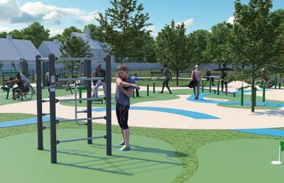 Residents exercising in an outdoor fitness area
