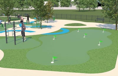 Outdoor exercise area with green space and activity equipment