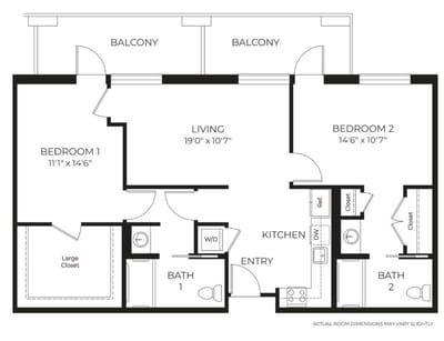 Architectural floor plan of a two-bedroom layout