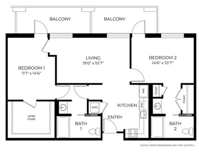 Architectural floor plan of a two-bedroom apartment