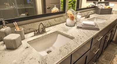 Modern bathroom with dual sinks and decor