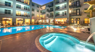 Pool area at Overture Plano Apartment Homes