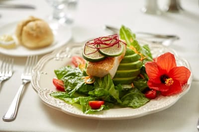 Beautifully plated meal with salad and fish