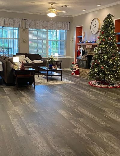 Bright common area decorated for the holidays