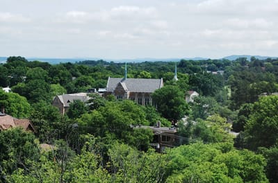 Aerial view of Greenbriar surrounded by trees