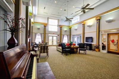 Common area of a senior living facility with seating