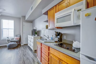 Bright, modern kitchen area in a senior living facility
