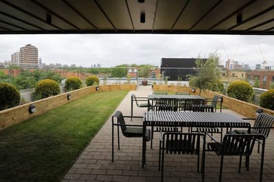 Rooftop garden with seating and greenery