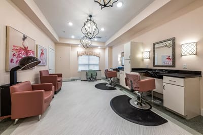 Interior of a hair salon with styling chairs