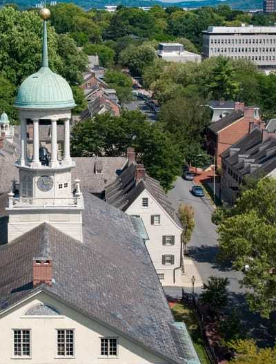 Aerial view of a historic building with green trees