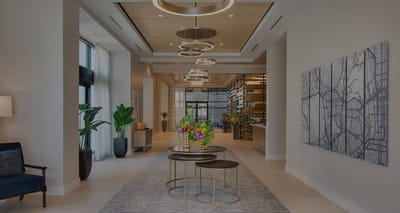 Modern lobby interior with floral arrangements