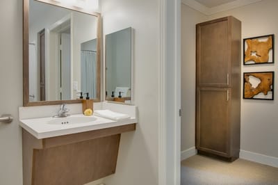 Modern bathroom with wooden cabinetry and decorative art