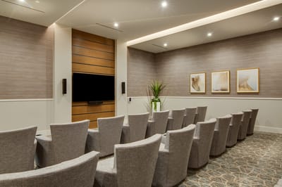 A well-designed interior meeting space with seating