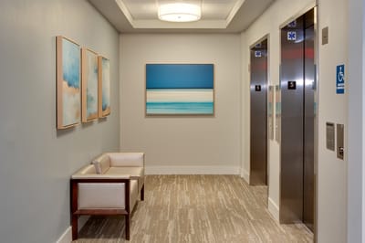 Interior hallway with elevators and artwork