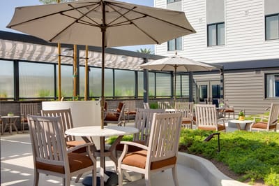Outdoor seating area with umbrellas and greenery