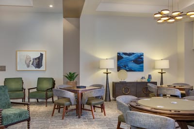 Bright common area with seating and decor