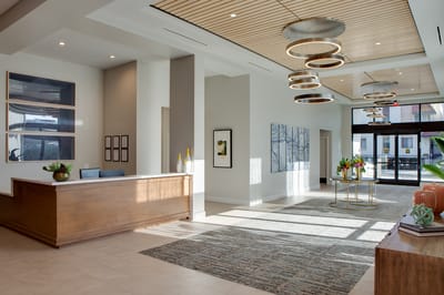 Bright lobby area of a senior care facility