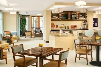 Bright common area with stylish seating and decor