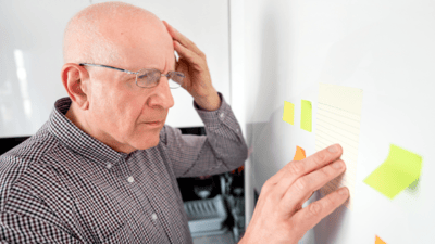 A senior man thoughtfully interacting with sticky notes