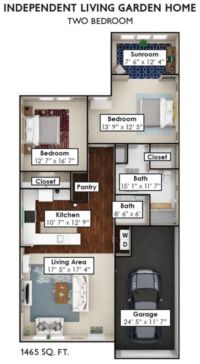 Architectural floor plan for a two-bedroom home