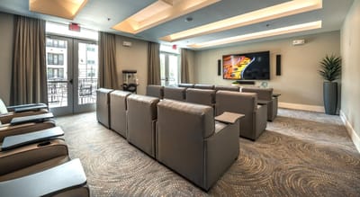 Interior view of a comfortable common area with seating