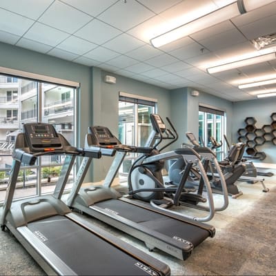 Interior view of a fitness center with exercise equipment
