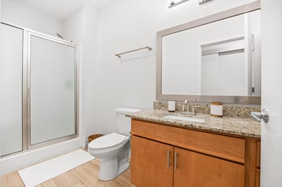 Modern bathroom with a shower and vanity