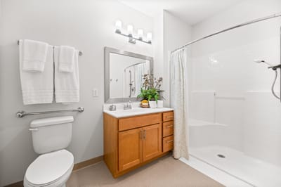 A modern assisted living bathroom with accessible features