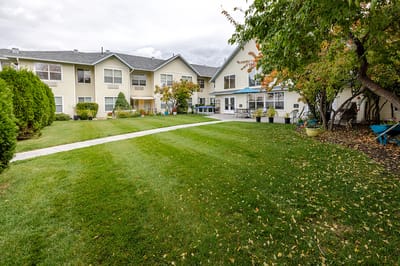 Beautiful outdoor space with manicured lawns and buildings