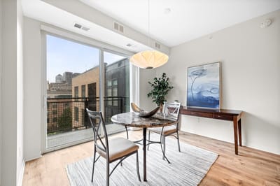 Bright interior dining area with large windows