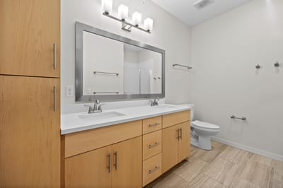 Modern bathroom with double sinks and a mirror
