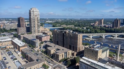 Aerial view of a senior living community near the water