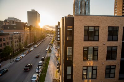 View of the facility building at sunset